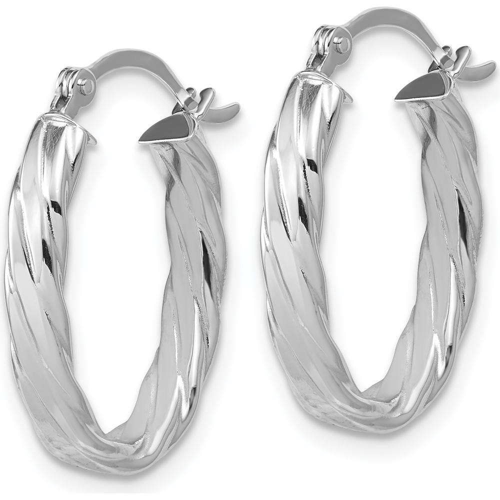 14K White Gold 3mm Patterned Oval Hoop Earrings with Striped Texture - Polished Finish by 0