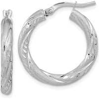 14K White Gold 3mm Polished & Satin Diamond-Cut Hoop Earrings - Rhodium-Plated, 23.3mm Length by 0