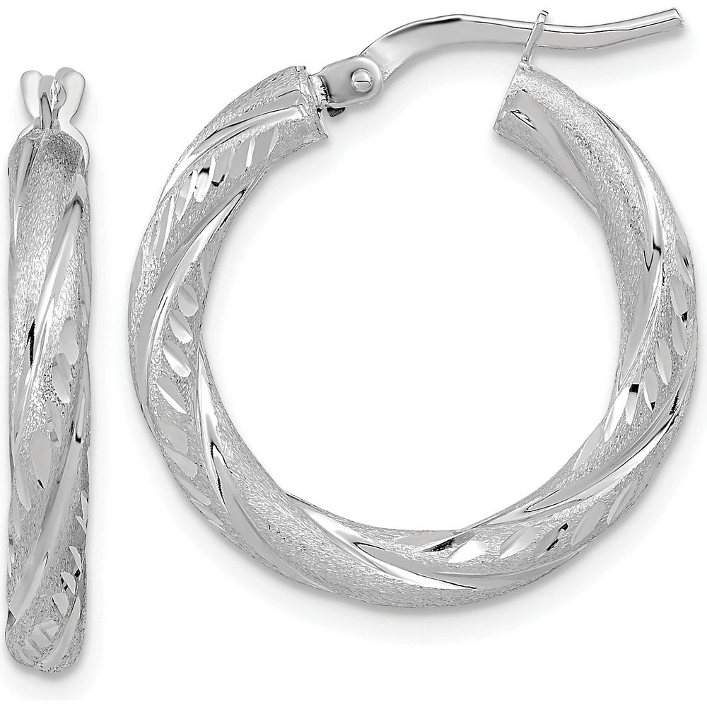 14K White Gold 3mm Polished & Satin Diamond-Cut Hoop Earrings - Rhodium-Plated, 23.3mm Length by 0