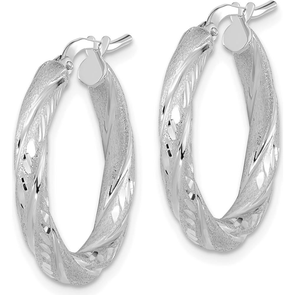 14K White Gold 3mm Polished & Satin Diamond-Cut Hoop Earrings - Rhodium-Plated, 23.3mm Length by 0