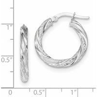 14K White Gold 3mm Polished & Satin Diamond-Cut Hoop Earrings - Rhodium-Plated, 23.3mm Length by 0