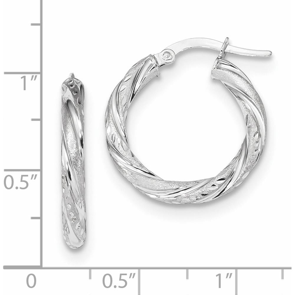 14K White Gold 3mm Polished & Satin Diamond-Cut Hoop Earrings - Rhodium-Plated, 23.3mm Length by 0
