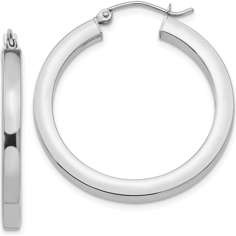 14K White Gold 3mm Polished Square Tube Hoop Earrings - 30mm by Oro Pregiato