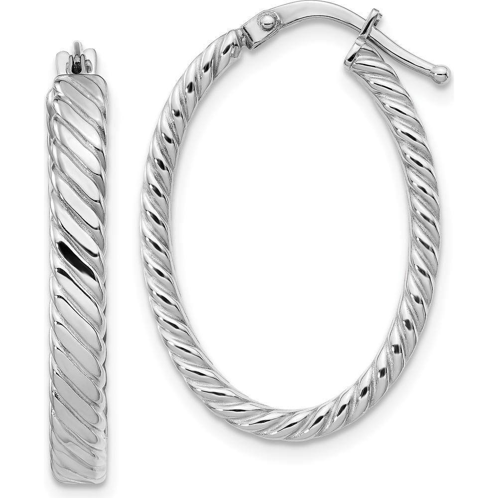 14K White Gold 3mm Striped Patterned Large Hoop Earrings - Polished Finish by 0