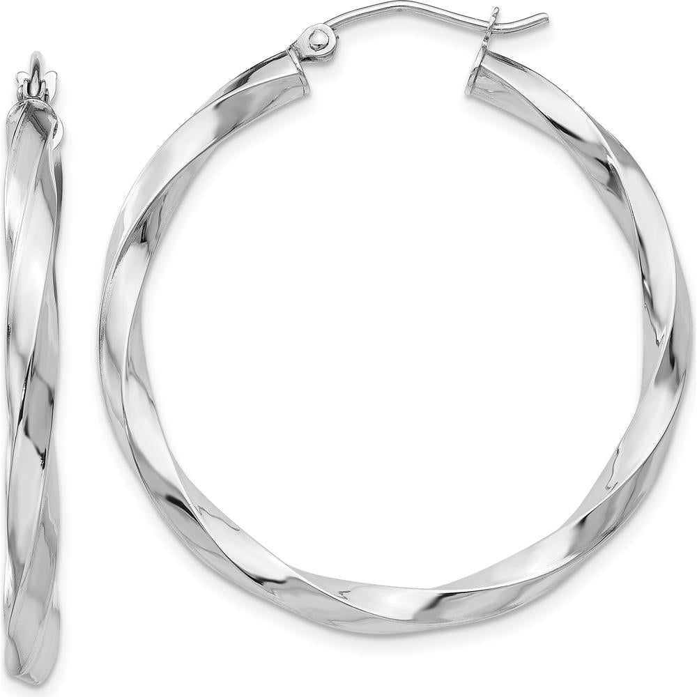 14K White Gold 3mm Twisted Hoop Earrings - Polished Finish, 26mm Length by 0