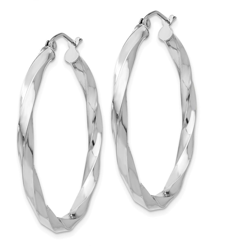 14K White Gold 3mm Twisted Hoop Earrings - Polished Finish, 26mm Length by 0