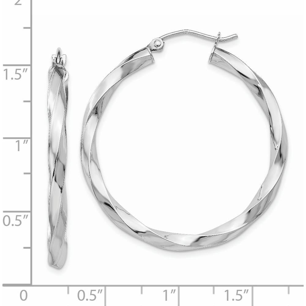 14K White Gold 3mm Twisted Hoop Earrings - Polished Finish, 26mm Length by 0