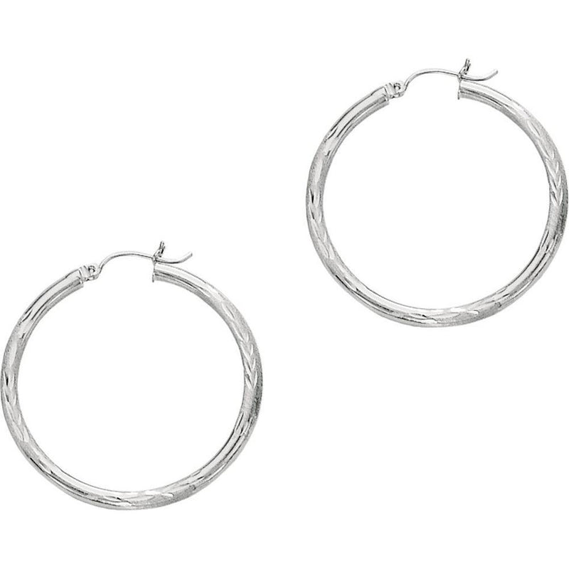 14K White Gold 3x35mm Diamond Cut Polished Medium Hoop Earrings by Orozza Fine Jewelry