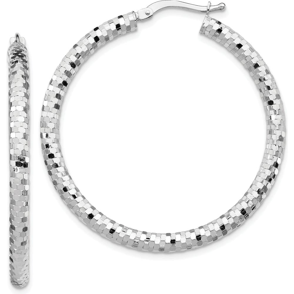 14K White Gold 3x38mm Diamond-Cut Large Hoop Earrings with Rhodium Finish by 0