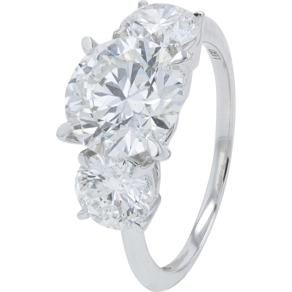 14K White Gold 4.00 Carat Total Weight Lab-Grown Diamond Three-Stone Engagement Ring with 2.50 Carat Round Center