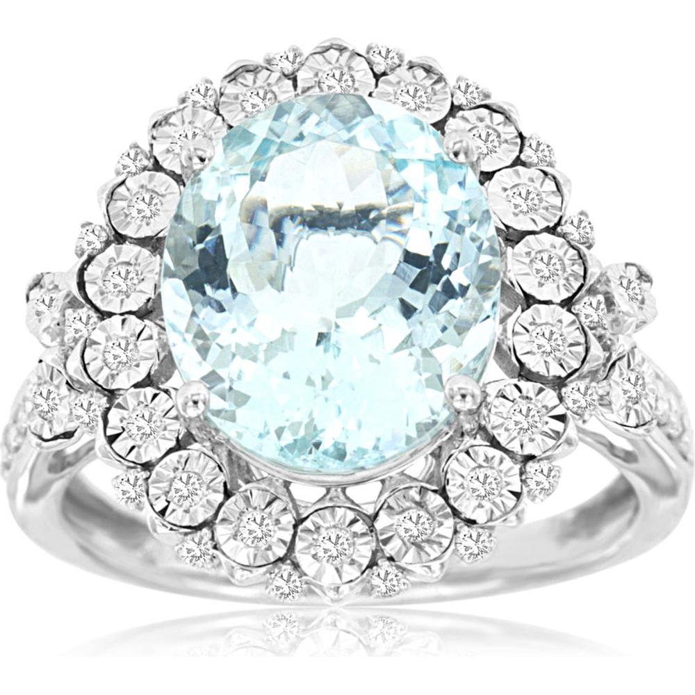 14K White Gold 4.05 Carat Oval Aquamarine Halo Ring with 0.25 Carat Round Diamonds in Scalloped Setting - Royal Jewelry