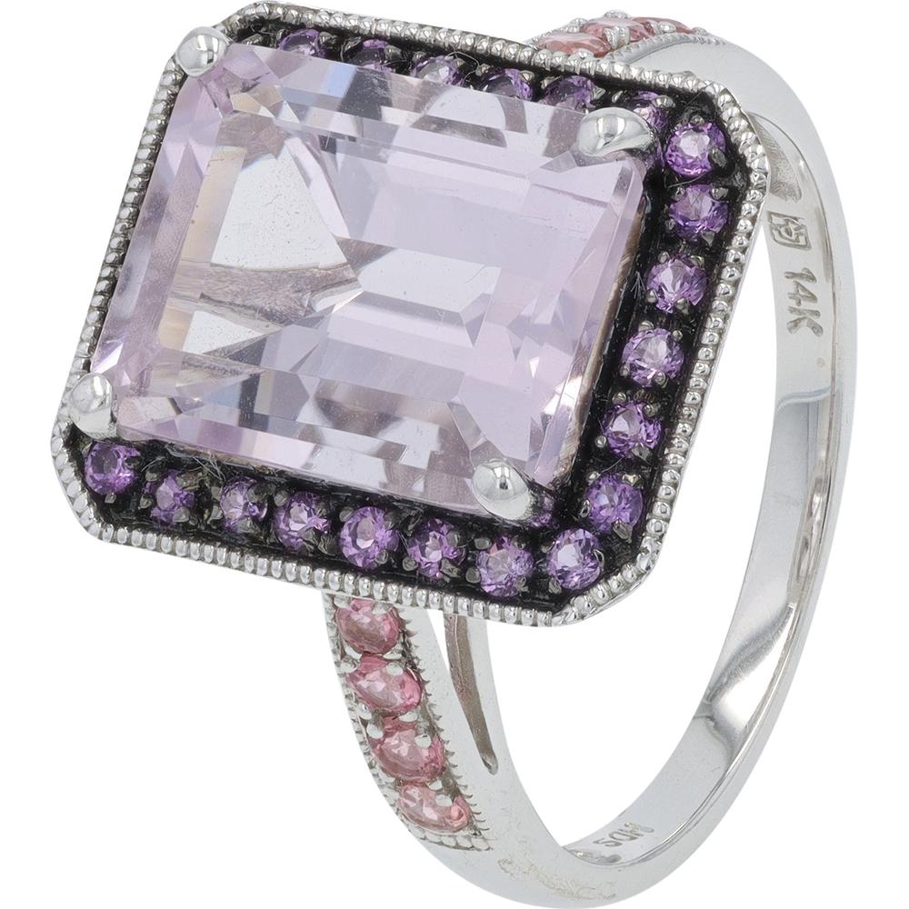 14K White Gold 4.50 Carat Emerald Cut Amethyst Ring with 0.28 Carat Pink Tourmaline Accents