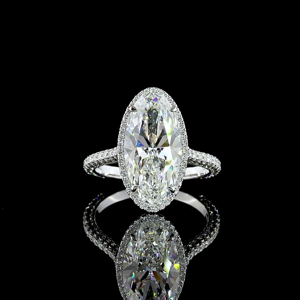 14K White Gold 4.95 Carat Total Weight Double Halo Ring with 4.18 Carat Moval Cut Lab Diamond and 90 Brilliant Round Cut Lab Diamonds - Covaloro Fine Jewelry