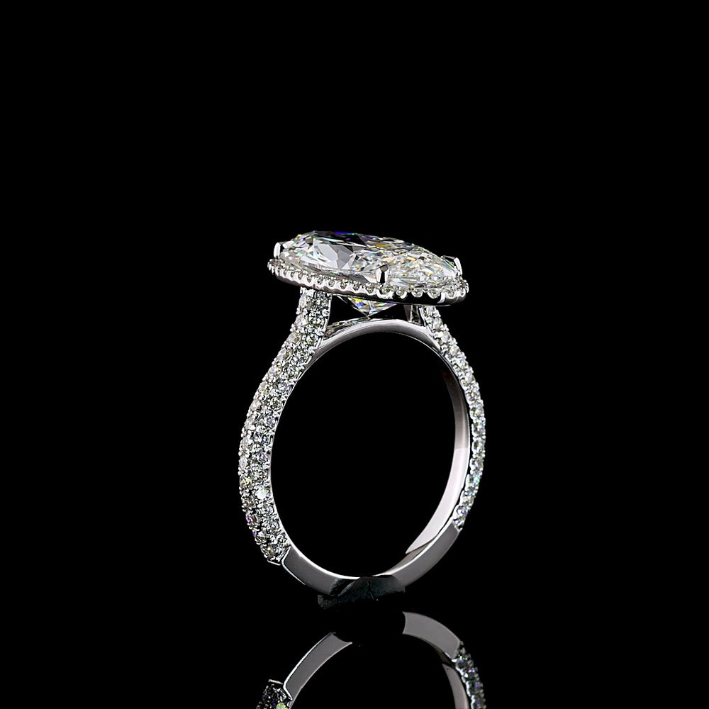14K White Gold 4.95 Carat Total Weight Double Halo Ring with 4.18 Carat Moval Cut Lab Diamond and 90 Brilliant Round Cut Lab Diamonds - Covaloro Fine Jewelry