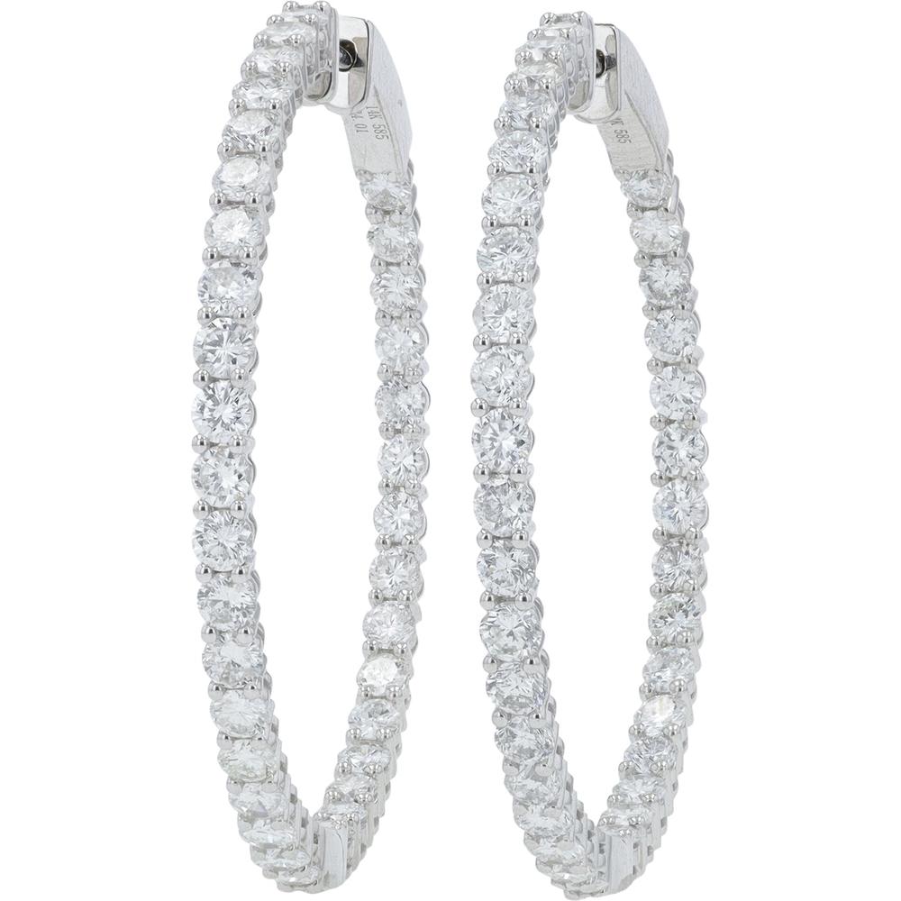 14K White Gold 4 Carat Diamond Inside - Out Hoop Earrings - 4.00 Carat Total Diamond Weight