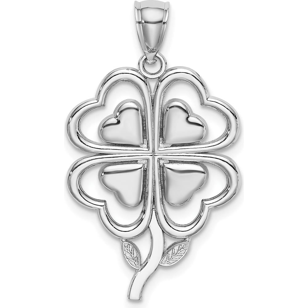 14K White Gold 4-Leaf Clover Charm Pendant with Rhodium Finish - Lucky Heart-Shaped Design by Oro Pregiato