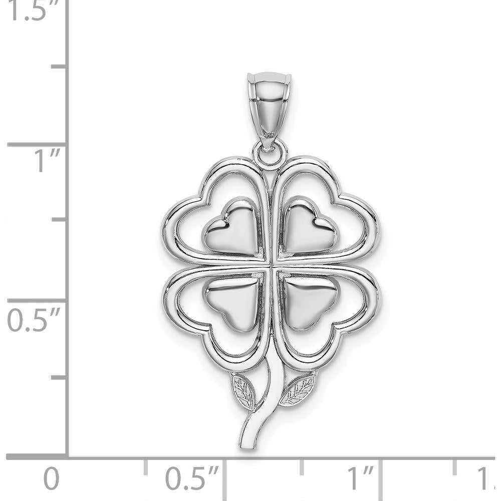 14K White Gold 4-Leaf Clover Charm Pendant with Rhodium Finish - Lucky Heart-Shaped Design by Oro Pregiato