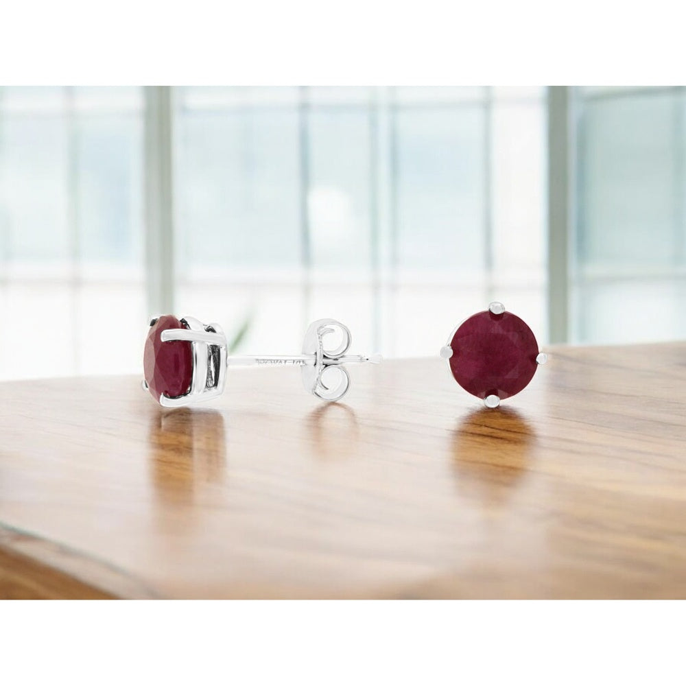 14K White Gold 4-Prong Round Ruby Stud Earrings - 2.40 Carat Total Gem Weight - Royal Jewelry