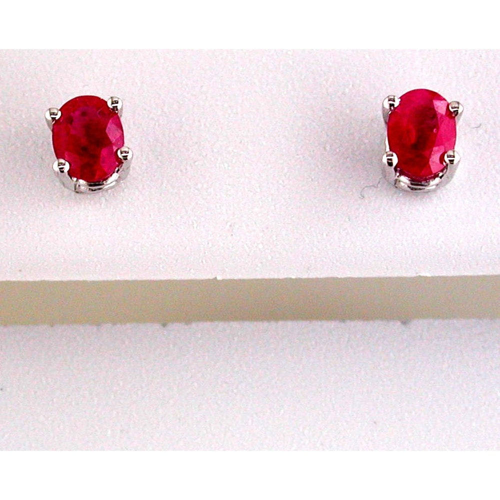 14K White Gold 4-Prong Set Oval Ruby Stud Earrings - 0.90 Carat Total Ruby Weight - Royal Jewelry