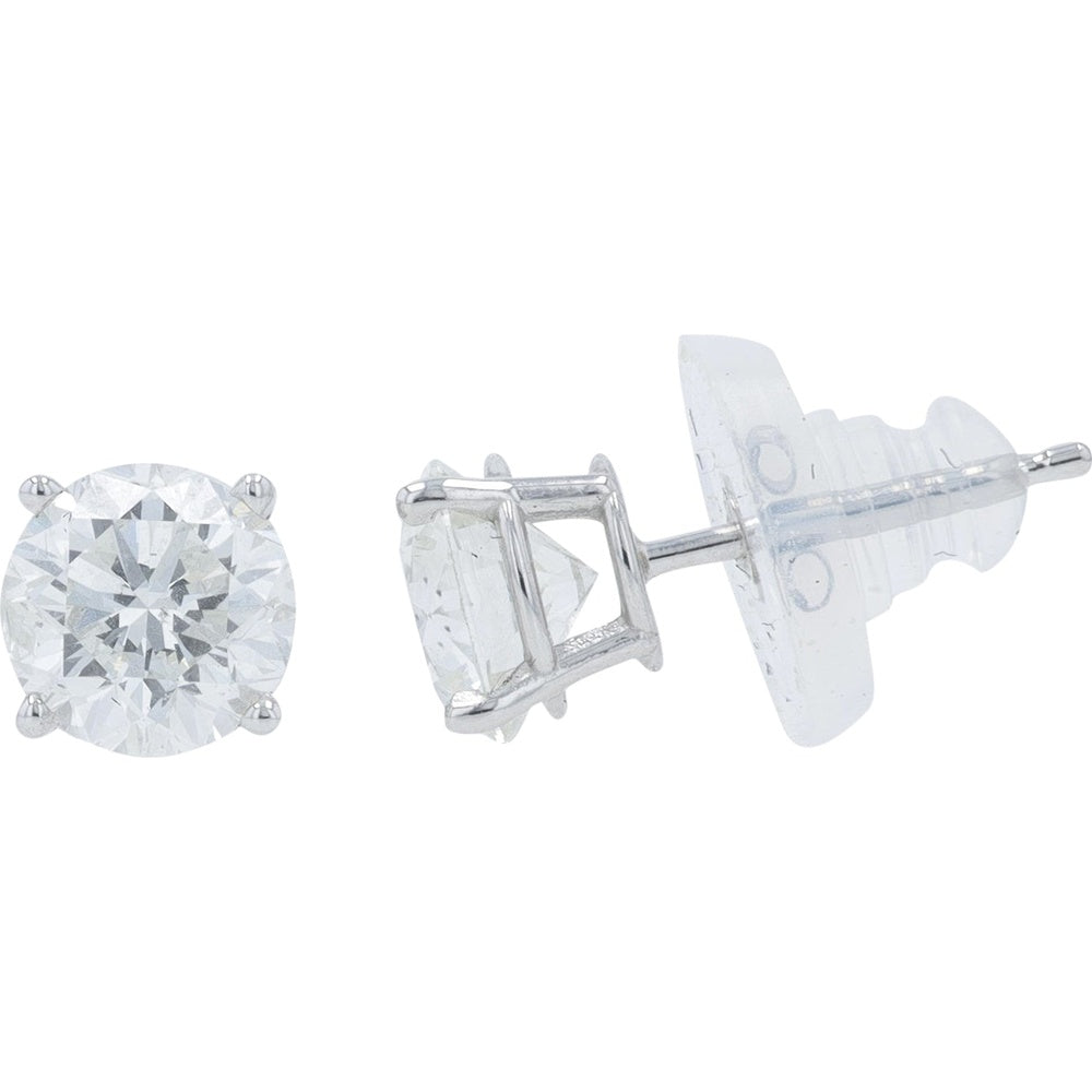 14K White Gold 4-Prong Set Round Diamond Stud Earrings - 1.91 Carat Total Diamond Weight