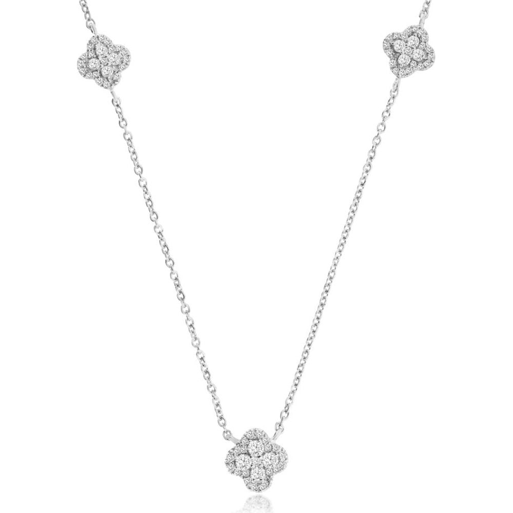 14K White Gold 4-Station Necklace with Milgrain Edge Floral Diamond Clusters - 0.40 Carat Total Diamond Weight - Royal Jewelry