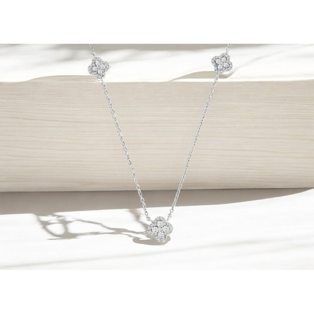 14K White Gold 4-Station Necklace with Milgrain Edge Floral Diamond Clusters - 0.40 Carat Total Diamond Weight - Royal Jewelry