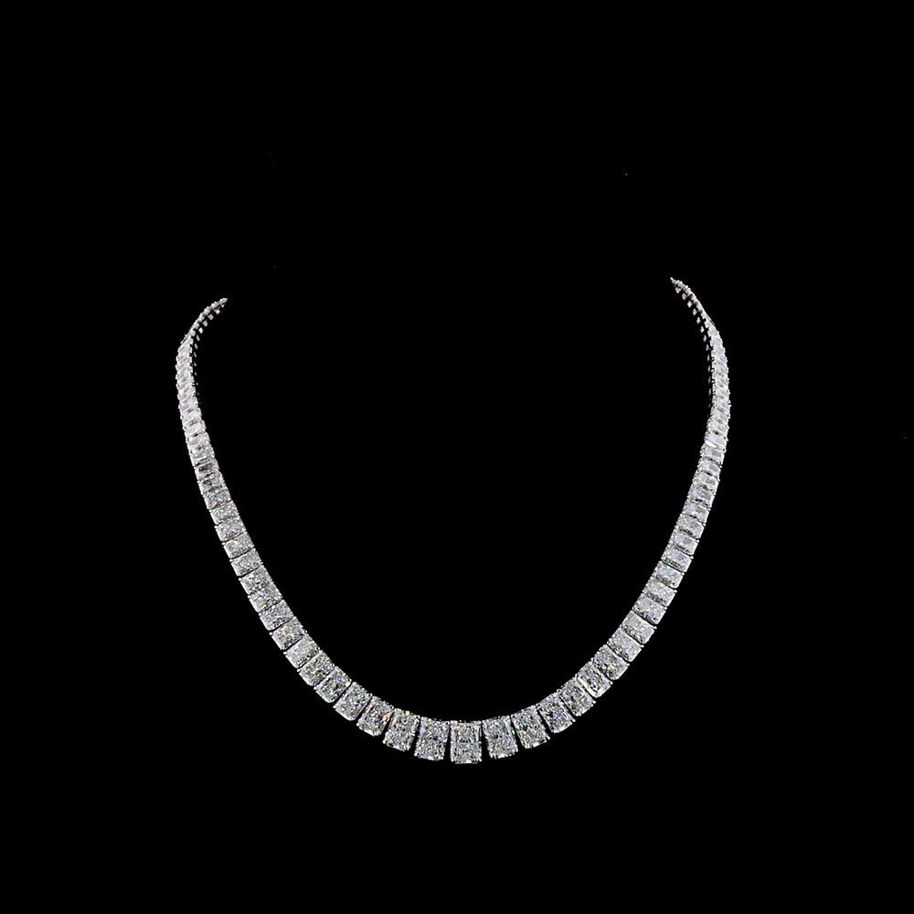 14K White Gold 45.5 Carat Graduating Riviera Necklace with North-South Radiant Cut Lab Diamonds (E-F Color, VVS2 Clarity) - 103 Stones Total - Covaloro Fine Jewelry