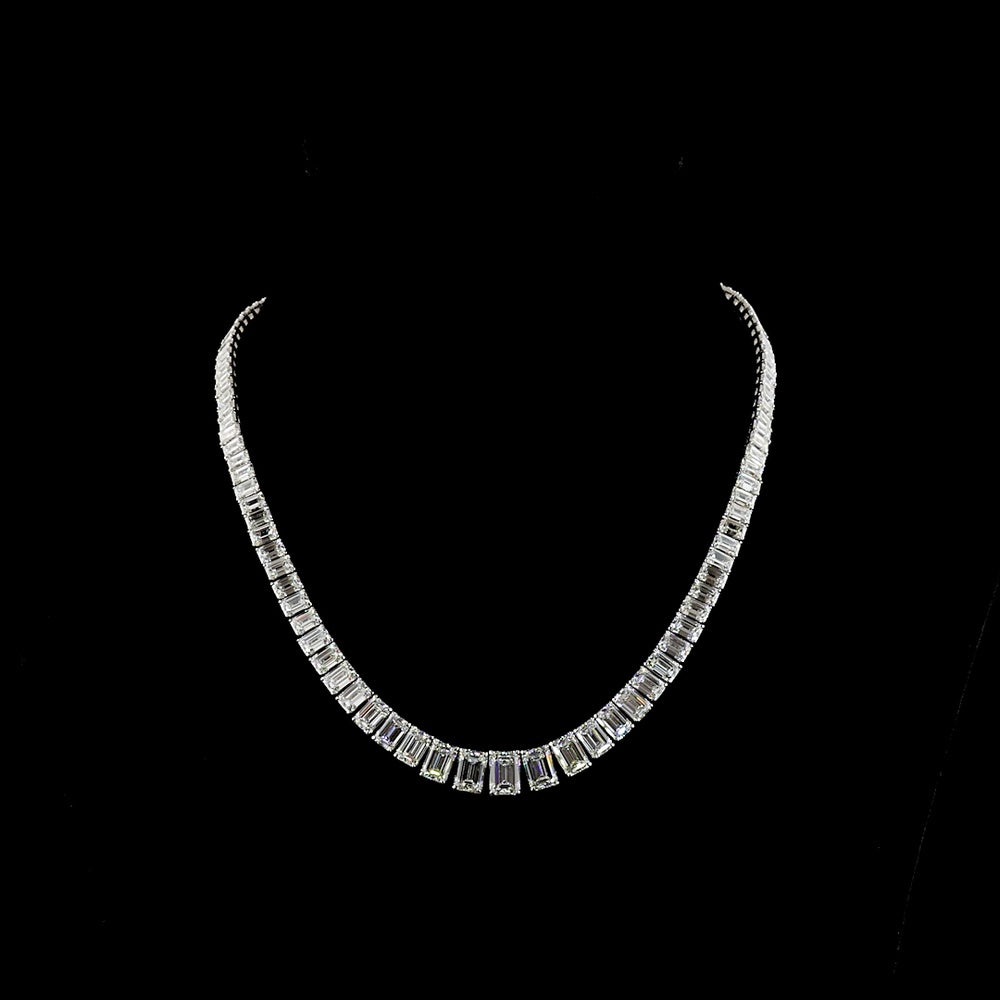 14K White Gold 46.04 Carat Graduated Riviera Necklace with Emerald Cut Lab Diamonds E-F VS2 IGI Certified - 105 Stones Total - Covaloro Fine Jewelry