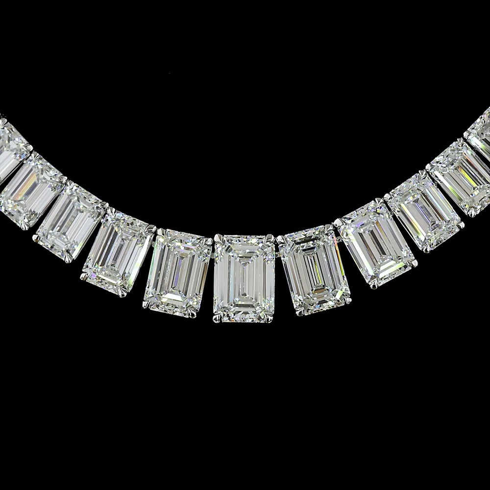 14K White Gold 46.04 Carat Graduated Riviera Necklace with Emerald Cut Lab Diamonds E-F VS2 IGI Certified - 105 Stones Total - Covaloro Fine Jewelry