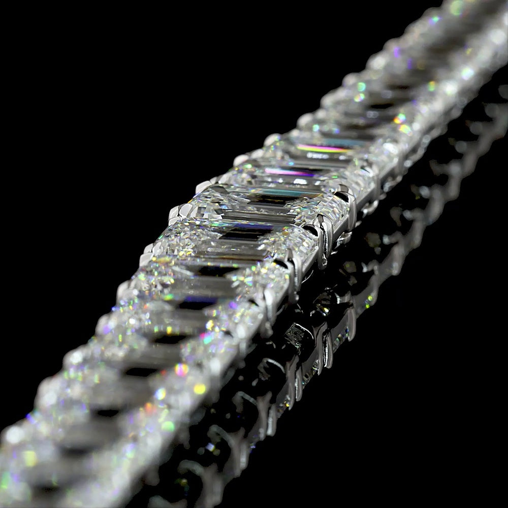14K White Gold 46.04 Carat Graduated Riviera Necklace with Emerald Cut Lab Diamonds E-F VS2 IGI Certified - 105 Stones Total - Covaloro Fine Jewelry