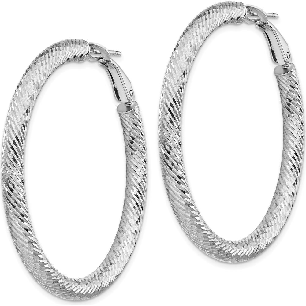 14K White Gold 4mm Diamond-Cut Round Omega Back Hoop Earrings - 45.75mm Length by Oro Pregiato