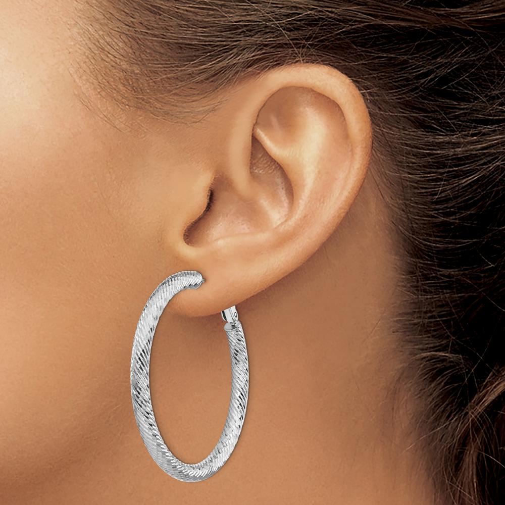 14K White Gold 4mm Diamond-Cut Round Omega Back Hoop Earrings - 45.75mm Length by Oro Pregiato