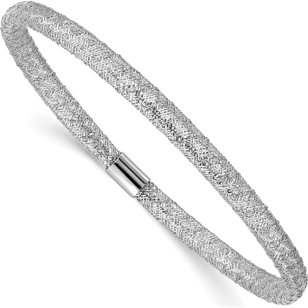 14K White Gold 4mm Fancy Woven Mesh Slip-On Stretch Bracelet with Rhodium Plating by 0