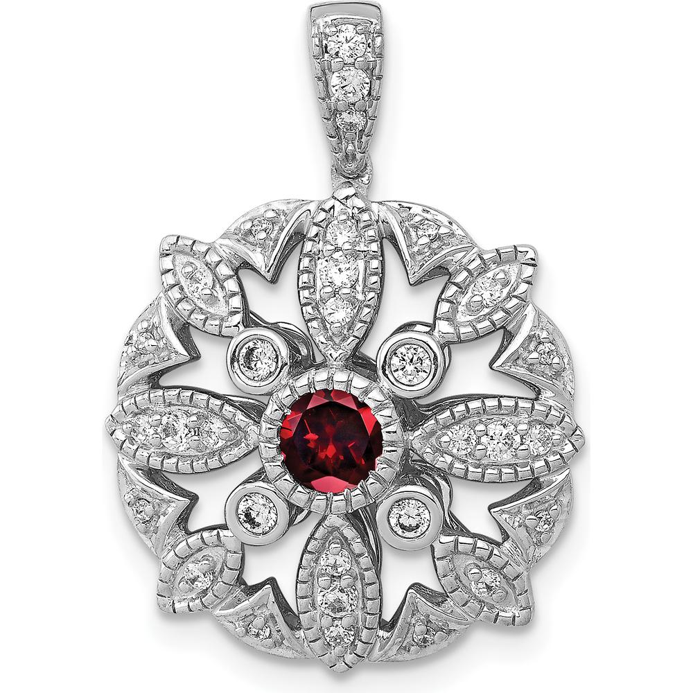 14K White Gold 4mm Round Garnet and Diamond Vintage Floral Pendant - 0.38 Carat Total Diamond Weight by Monteluci Fine Jewelry
