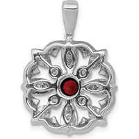 14K White Gold 4mm Round Garnet and Diamond Vintage Floral Pendant - 0.38 Carat Total Diamond Weight by Monteluci Fine Jewelry