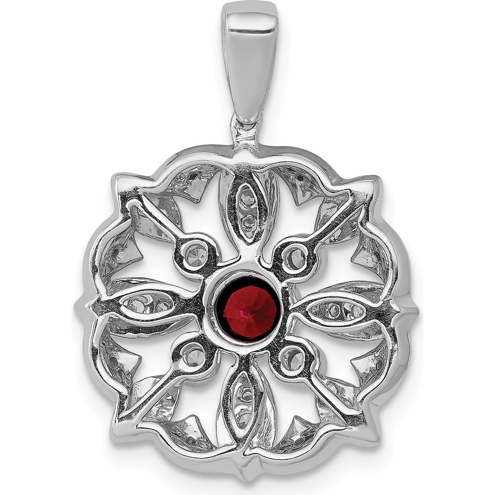 14K White Gold 4mm Round Garnet and Diamond Vintage Floral Pendant - 0.38 Carat Total Diamond Weight by Monteluci Fine Jewelry