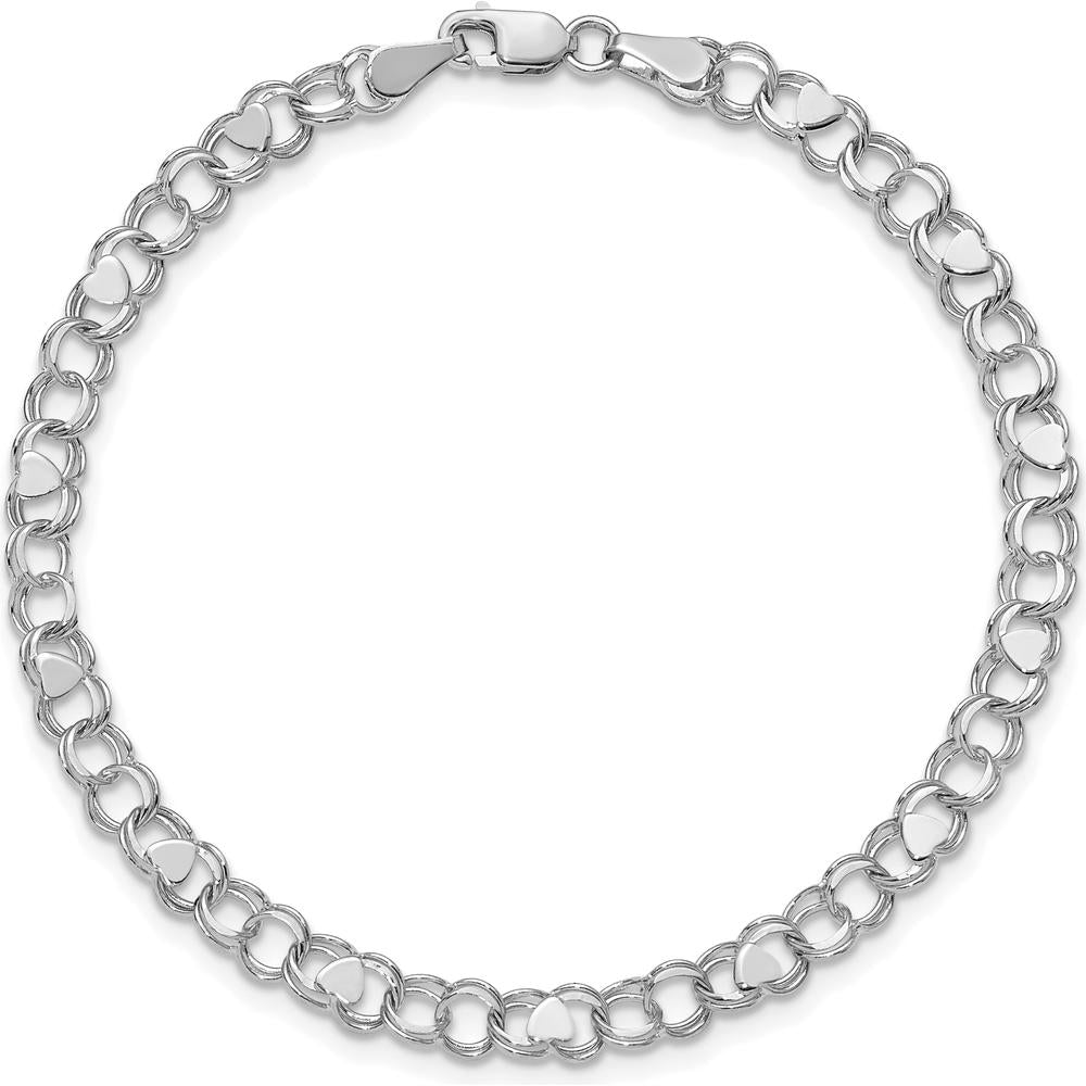 14K White Gold 4mm Solid Double Link Bracelet with Heart Motif - 7" Length by Oro Pregiato
