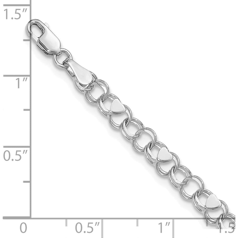 14K White Gold 4mm Solid Double Link Bracelet with Heart Motif - 7" Length by Oro Pregiato