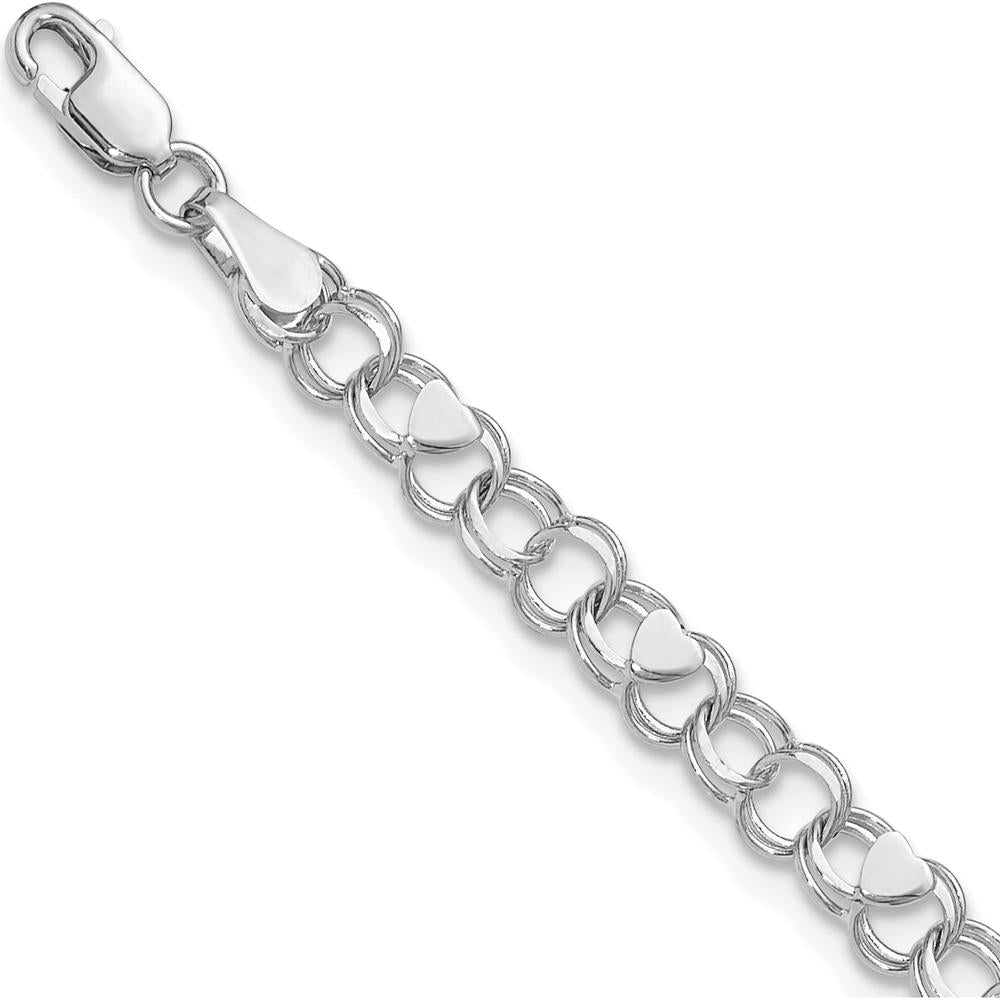 14K White Gold 4mm Solid Double Link with Hearts 8" Charm Bracelet by Oro Pregiato