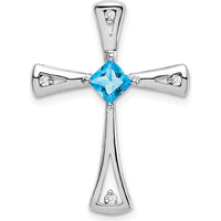 14K White Gold 4mm Square Blue Topaz and Diamond Cross Slide Pendant - 0.32 Carat Total Stone Weight by Lumare Gioia