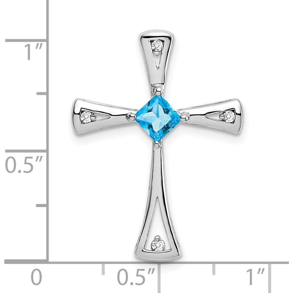 14K White Gold 4mm Square Blue Topaz and Diamond Cross Slide Pendant - 0.32 Carat Total Stone Weight by Lumare Gioia