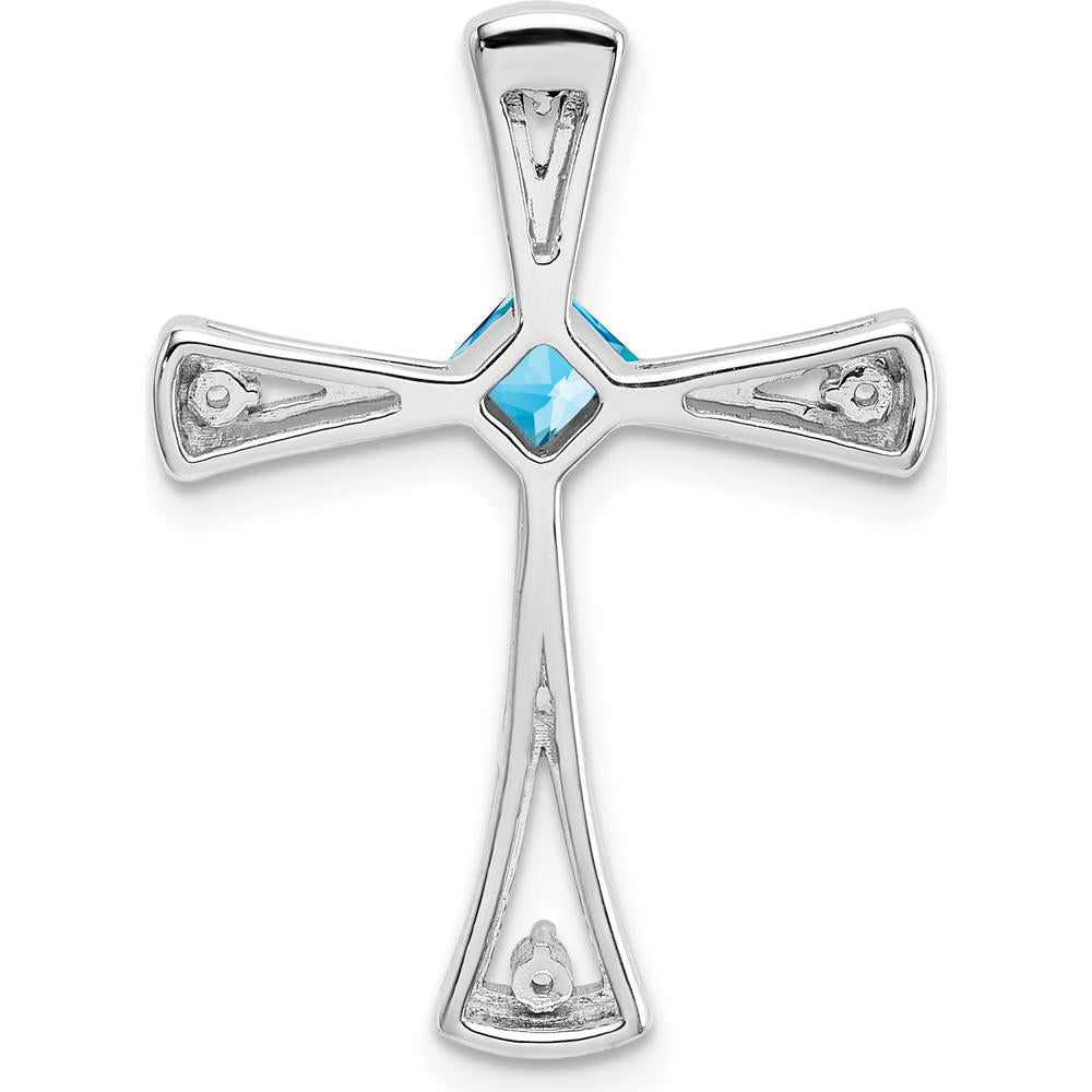 14K White Gold 4mm Square Blue Topaz and Diamond Cross Slide Pendant - 0.32 Carat Total Stone Weight by Lumare Gioia