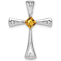 14K White Gold 4mm Square Citrine and Diamond Cross Pendant - 0.33 Carat Total Diamond Weight by Lumare Gioia