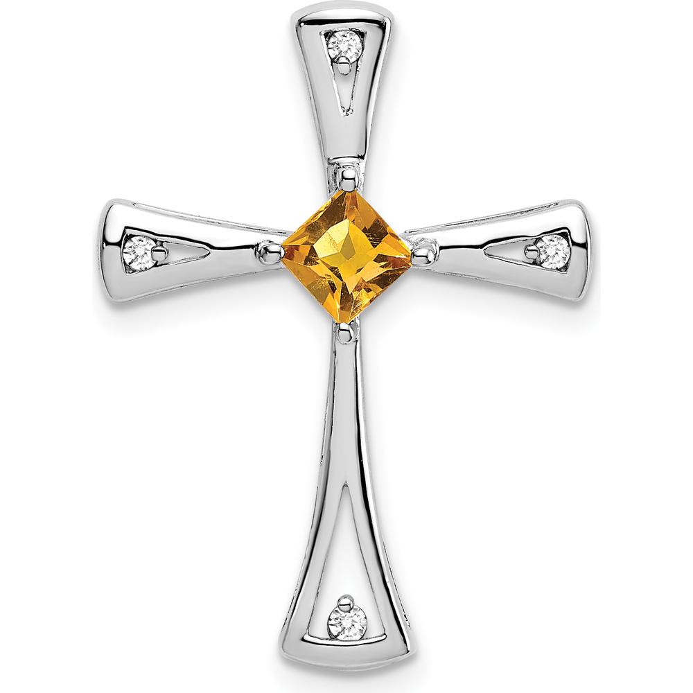 14K White Gold 4mm Square Citrine and Diamond Cross Pendant - 0.33 Carat Total Diamond Weight by Lumare Gioia