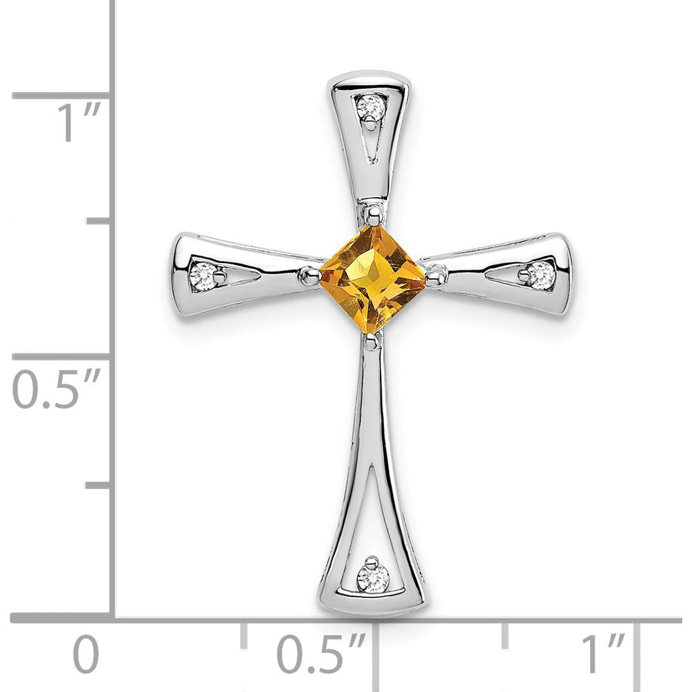 14K White Gold 4mm Square Citrine and Diamond Cross Pendant - 0.33 Carat Total Diamond Weight by Lumare Gioia