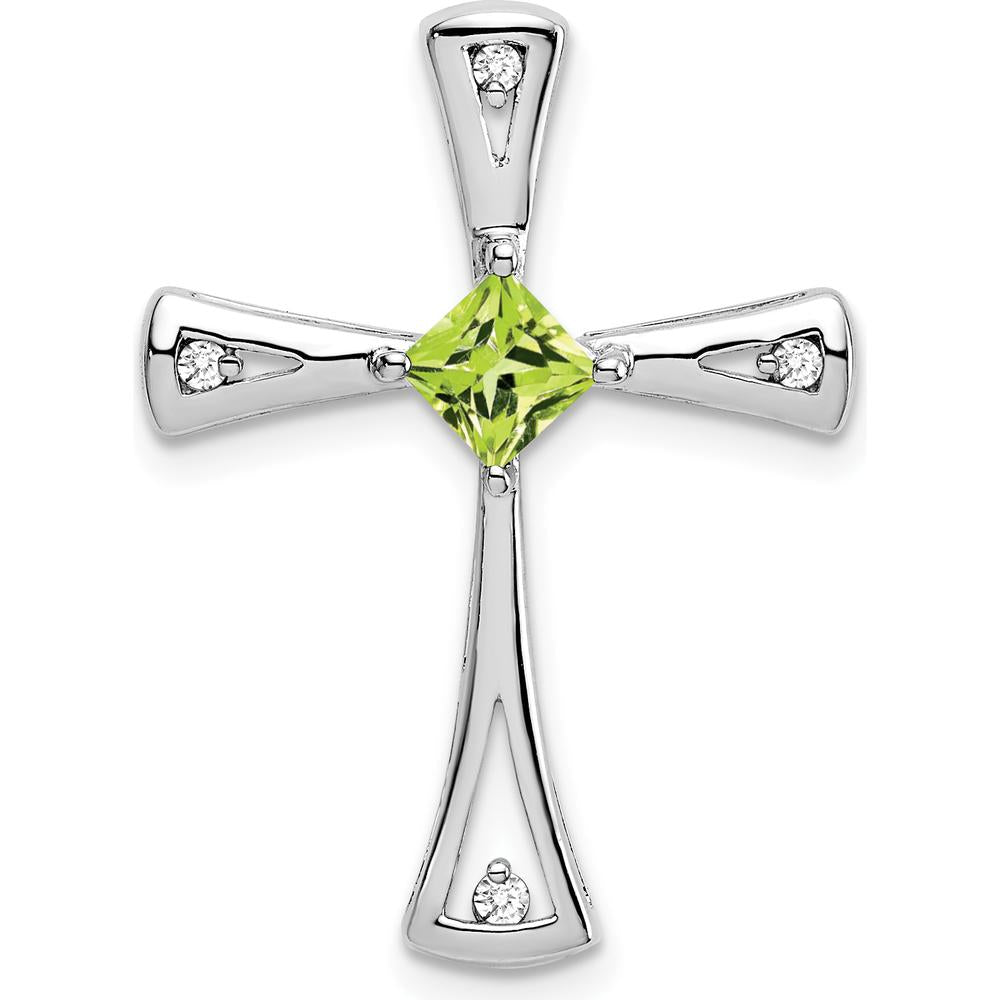 14K White Gold 4mm Square Peridot and Diamond Cross Pendant with Round Diamonds - 0.30 Carat Total Peridot Weight by Lumare Gioia