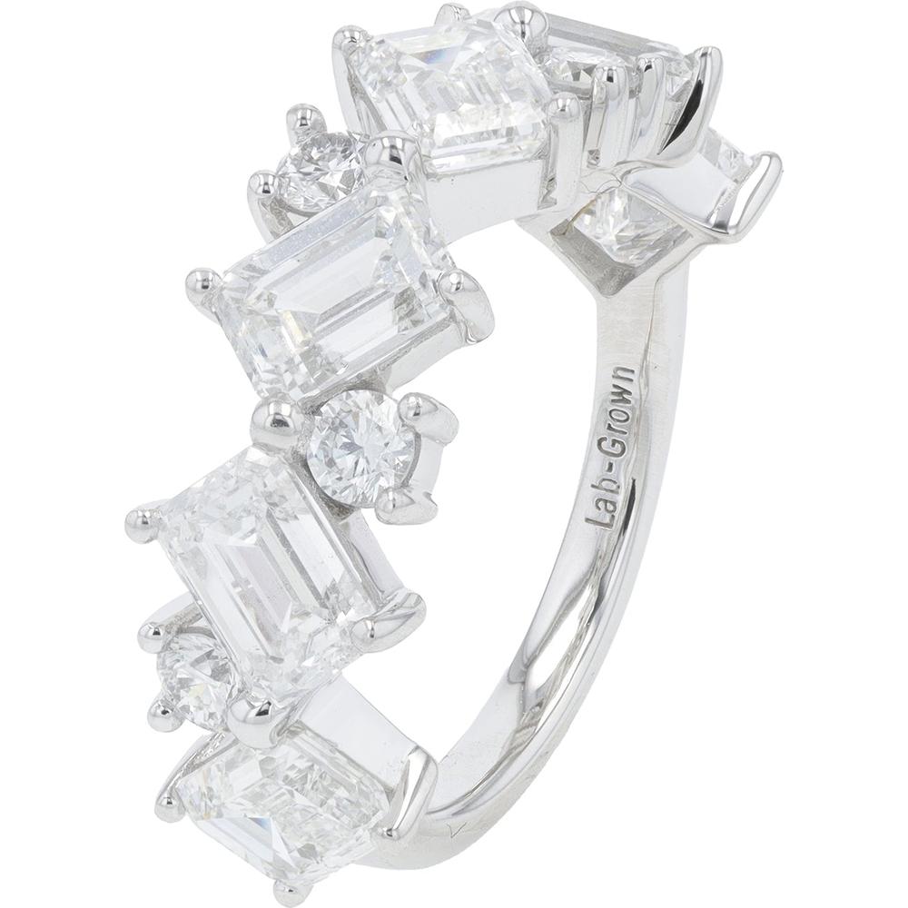 14K White Gold 5.00 Carat Lab Grown Diamond Ring with Alternating Emerald and Round Cuts