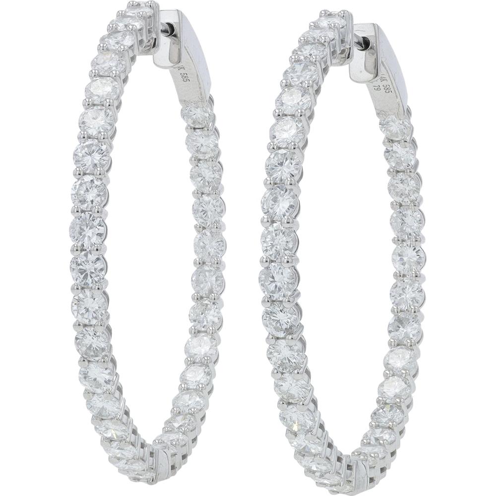 14K White Gold 5.28 Carat Diamond Inside - Out Hoop Earrings - 5.28 Carat Total Diamond Weight