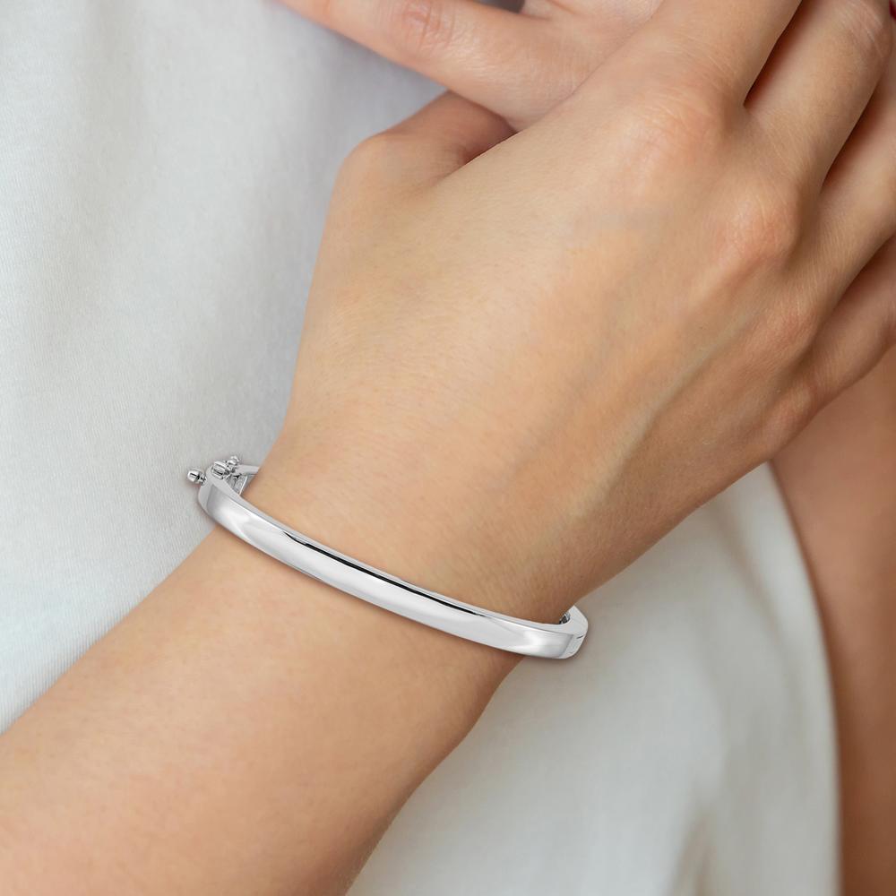 14K White Gold 5.3mm Polished Solid Hinged Oval Bangle Bracelet with Box Catch and Safety Clasp by Oro Pregiato