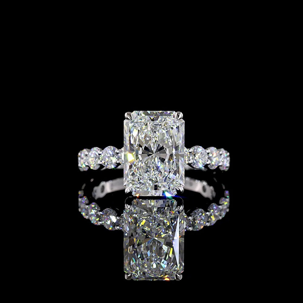 14K White Gold 5.56 Carat Radiant Cut Solitaire Diamond Shank Ring with Lab Grown E VVS2 Center and Brilliant Cut Accents - IGI Certified - Covaloro Fine Jewelry